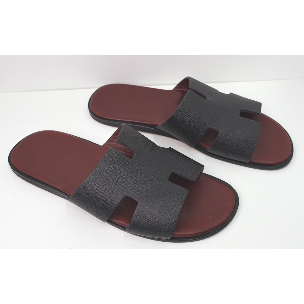 Hermes Izmir Sandals Mens 45 Black Burgundy Fair Epsom Leather H Cut-Out Slides
